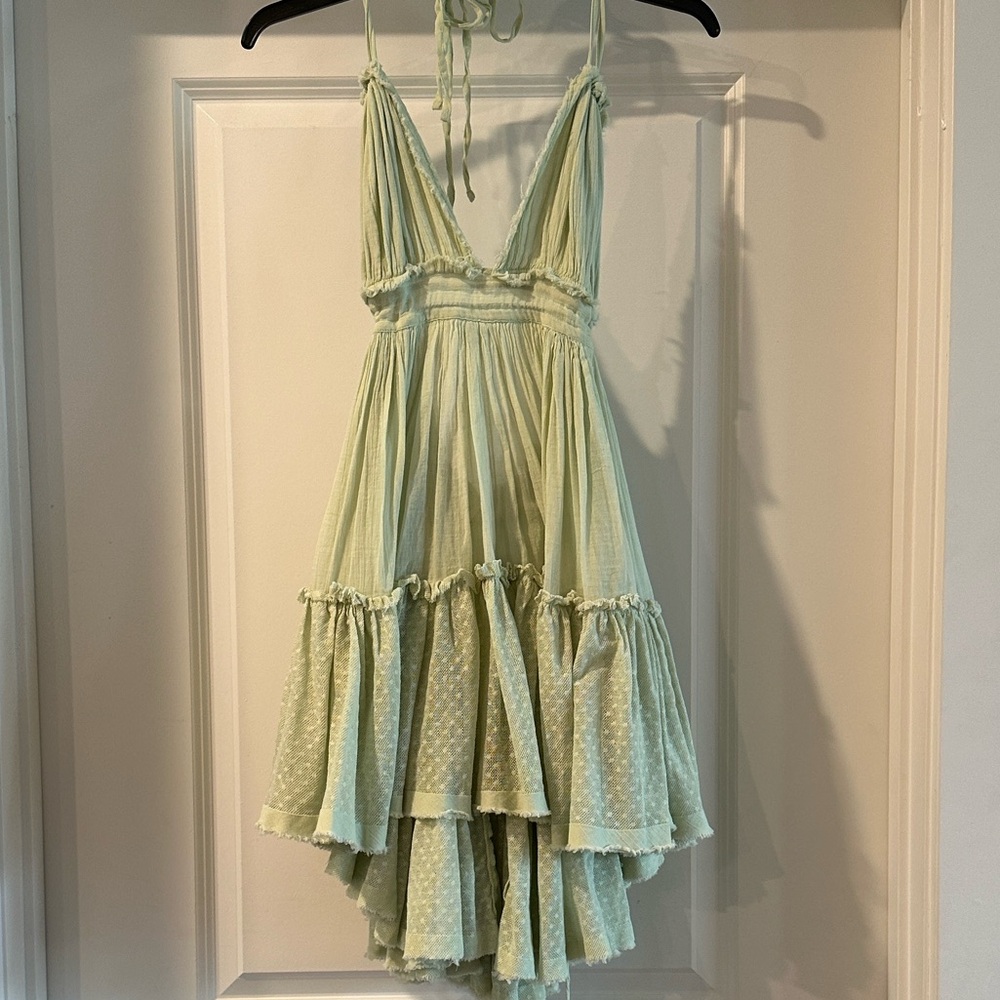 New Free People 100 Degree Boho Festival Mini Backless Light Green Medium Dress